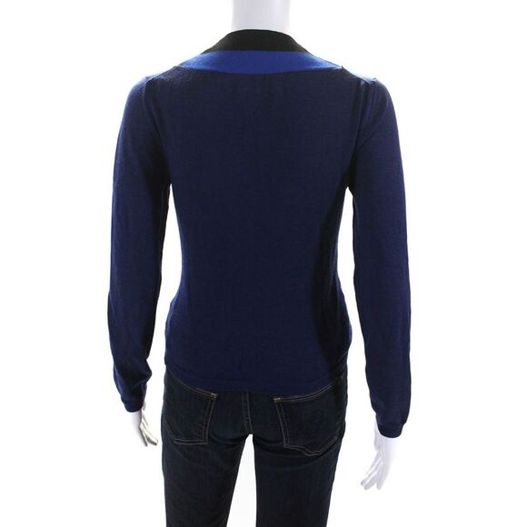 Aquazzura Womens Long Sleeve V Neck Striped Trim Sweater Navy Blue Wool Size XS - Picture 3 of 7